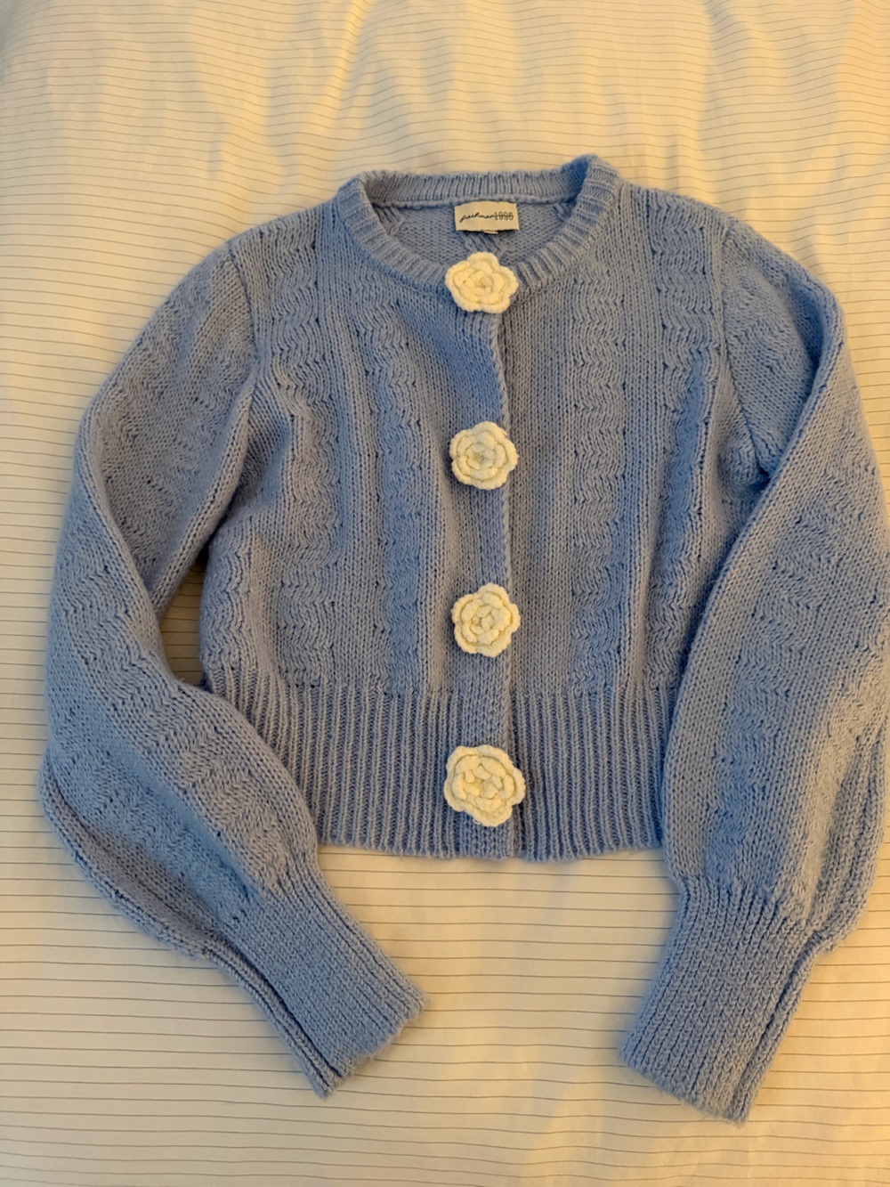 Soft Light Blue Knit Cardigan with Floral Buttons